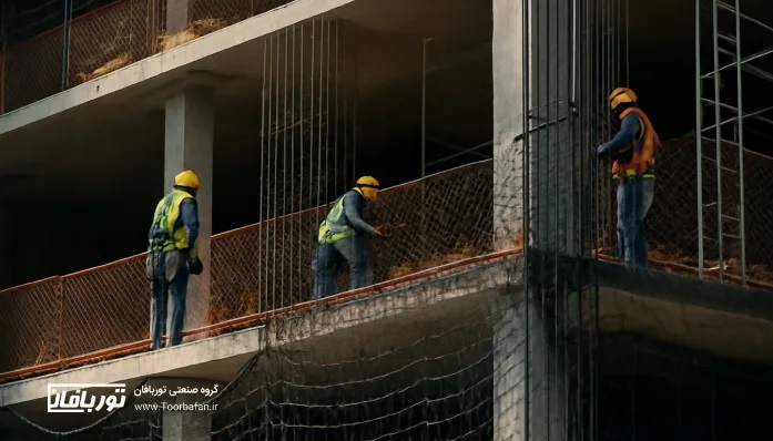 کارگران اختمانی مشغول نصب تور ایمنی ساختمانی