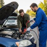 دو مرد در حال جامپ استارت (باتری به باتری) کردن یک خودروی آبی رنگ در کنار جاده، با کابل‌های قرمز و مشکی متصل به باتری