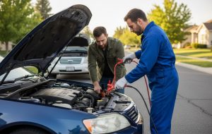 دو مرد در حال جامپ استارت (باتری به باتری) کردن یک خودروی آبی رنگ در کنار جاده، با کابل‌های قرمز و مشکی متصل به باتری